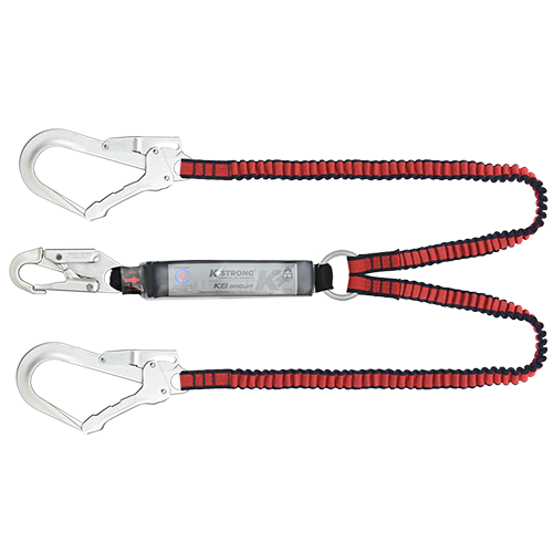Ecor Shock Absorbing Elasticated Twin Lanyard c/w Snap Hook & Scaffold Hooks