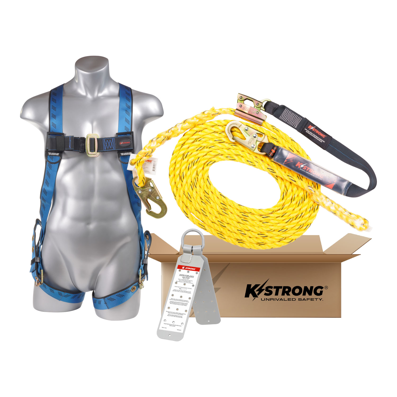 KStrong® 25 ft. Roofers Boxed Kit with harness, rope, rope grab assembly,  and reusable roof anchor - KStrong