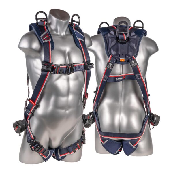 KStrong® EndurX™ 5-Point Full Body Harness, Premium Shoulder Pad, Deluxe Leg Pads, Enhanced Dorsal D-ring Plus™, Shoulder D-rings, Quick Slide Adjusters, Trauma Relief Straps, QC Chest/Legs, All Aluminum Hardware (ANSI)