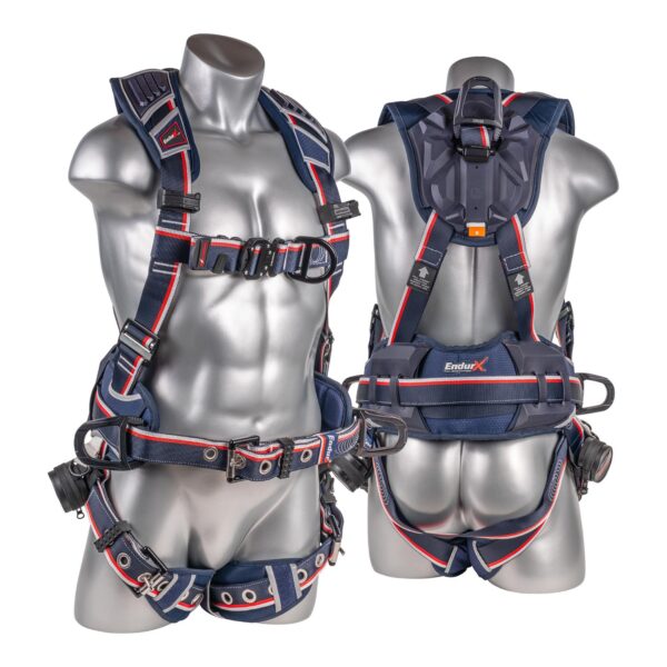 KStrong® EndurX™ 5-Point Full Body Harness, Abrasion Resistant Shoulder Pad, Premium Work Positioning Waist Pad w/Removable Tool Belt, Deluxe Leg Pads, Enhanced Dorsal D-ring Plus™, Front D-ring, Side D-rings, Premium Adjusters, Trauma Relief Straps, QC Chest, TB Legs (SS), All Aluminum Hardware (ANSI)