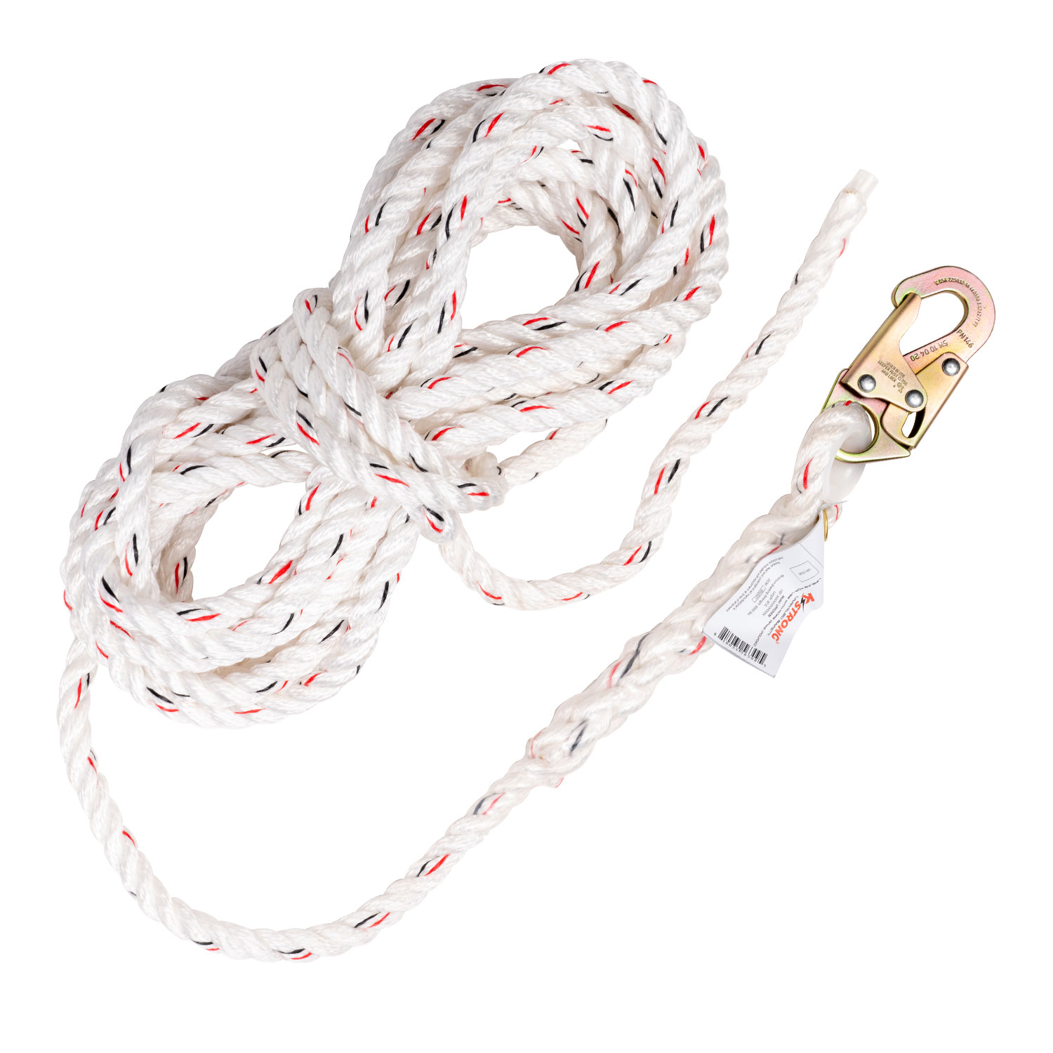 KStrong® 200 ft. Vertical White Polydac Rope Lifeline, Locking Snap hook on  anchor end, other end cut and taped - KStrong